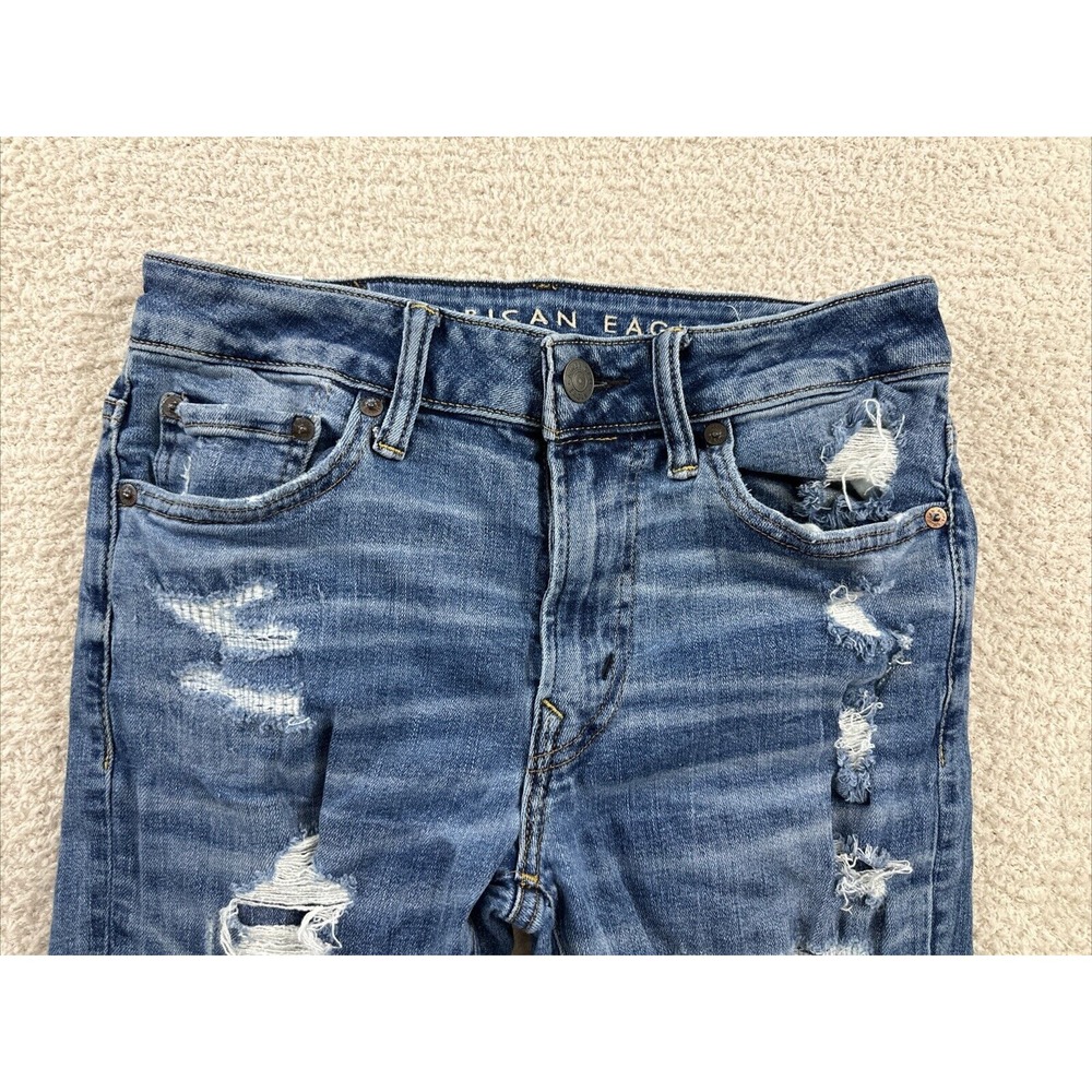 American Eagle Jeans Men 29x34 (28x32) Blue Athletic Skinny Distressed Whiskers - Picture 7 of 14